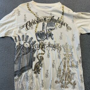 Christian Audigier Cream T-Shirt with Black and Gold Accents
